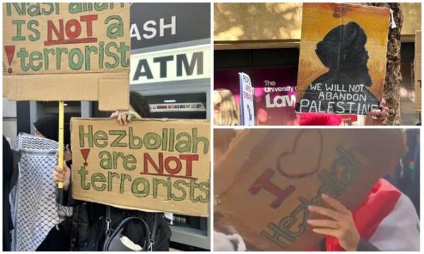Signs with pro-Hezbollah slogans were seen during a pro-Palestine demonstration in central London over the weekend on the anniversary of the Oct. 7 Hamas attack in Israel. (Screenshots/Social Media)
