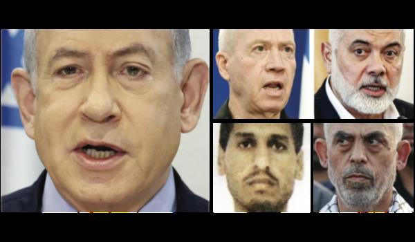 Left to right: Israeli Prime Minister Benjamin Netanyahu, Israel’s Defense Minister Yoav Gallant, late chairman of the Hamas Political Bureau Ismail Haniyeh, alleged Hamas military leader Mohammed Deif, and Hamas’ political leader in the Gaza Strip Yahya Sinwar. (AFP)