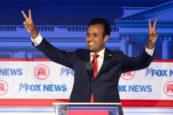 Republican presidential candidate (L-R), Vivek Ramaswamy participates in the first debate of the GOP primary season hosted by FOX News at the Fiserv Forum on Aug. 23, 2023, in Milwaukee, Wisconsin. Eight presidential hopefuls squared off in the first Republican debate as former U.S. President Donald Trump, currently facing indictments in four locations, declined to participate in the event.